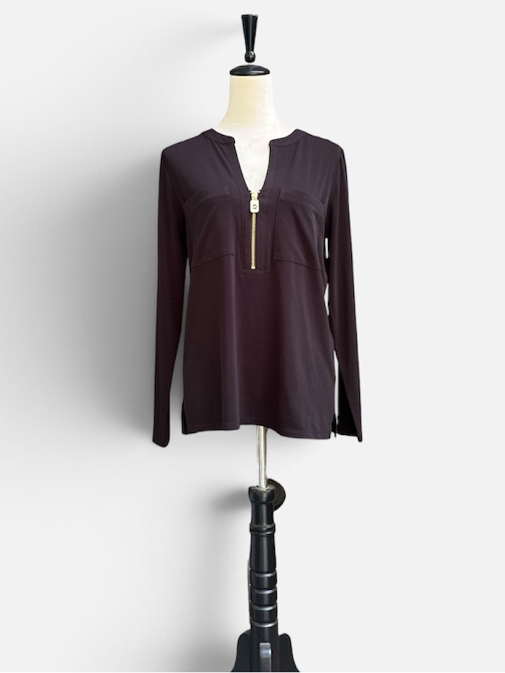 MICHAEL Michael Kors Black Basics 1/4 Zip Pullover Tunic Blouse Size Medium